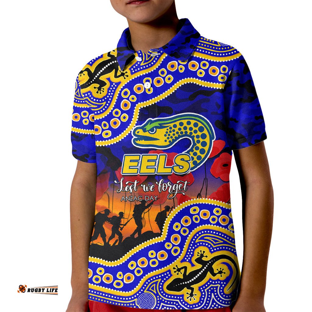 Custom Personalised Anzac Day NRL - Eels Kid Polo Shirt Aboriginal Lizard Patterns