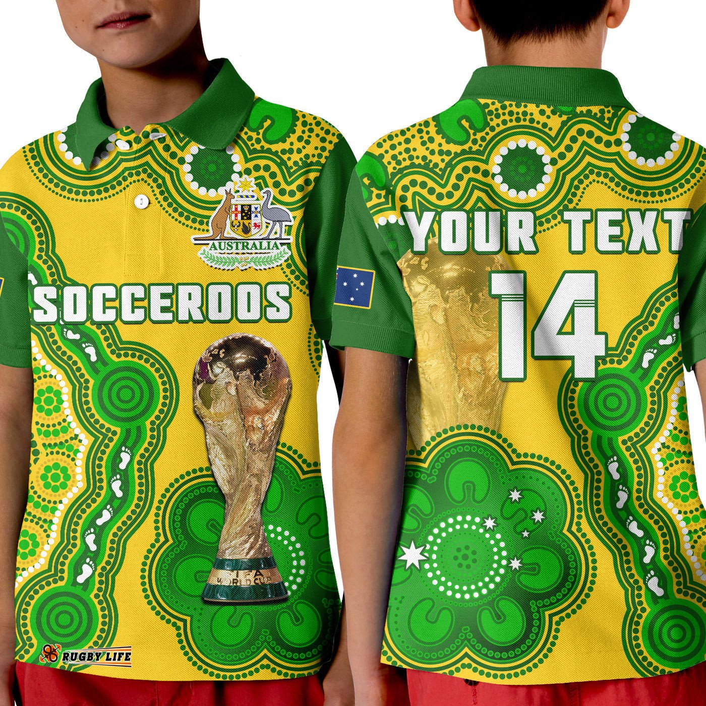 Custom Text And Number Australia Soccer Polo Shirt KID Socceroos Aboriginal WC-
