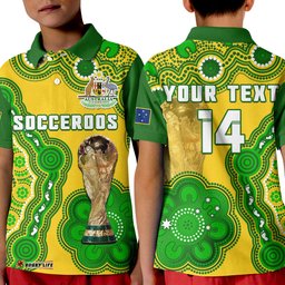 Custom Text And Number Australia Soccer Polo Shirt KID Socceroos Aboriginal WC-