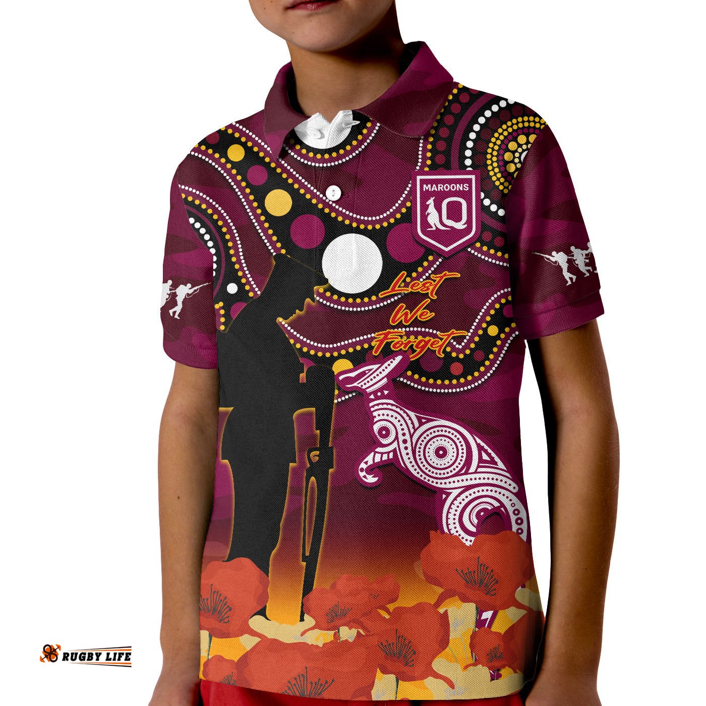 Maroons Rugby ANZACPolo Shirt KID QLD Aboriginal Mix Poppy Camouflage