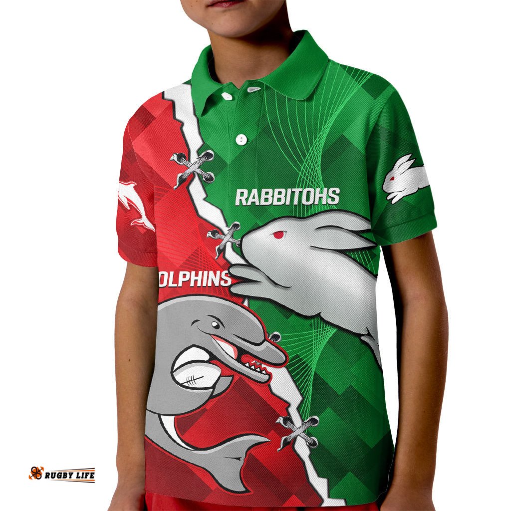 Custom Personalised Rabbitohs Mix Dolphins Rugby Kid Polo Shirt Sporty Style