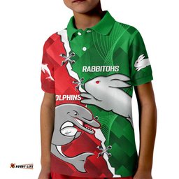 Custom Personalised Rabbitohs Mix Dolphins Rugby Kid Polo Shirt Sporty Style