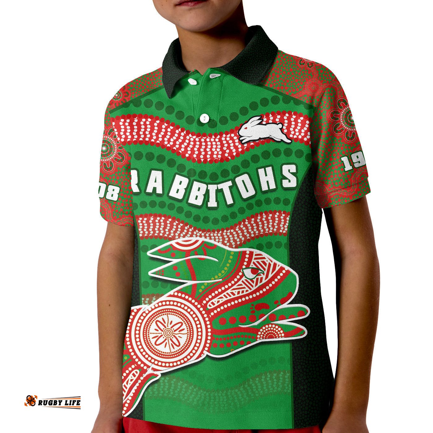 Rabbitohs Rugby Polo Shirt KID Souths 1908 Aboriginal Dot Painting Go Bunnies