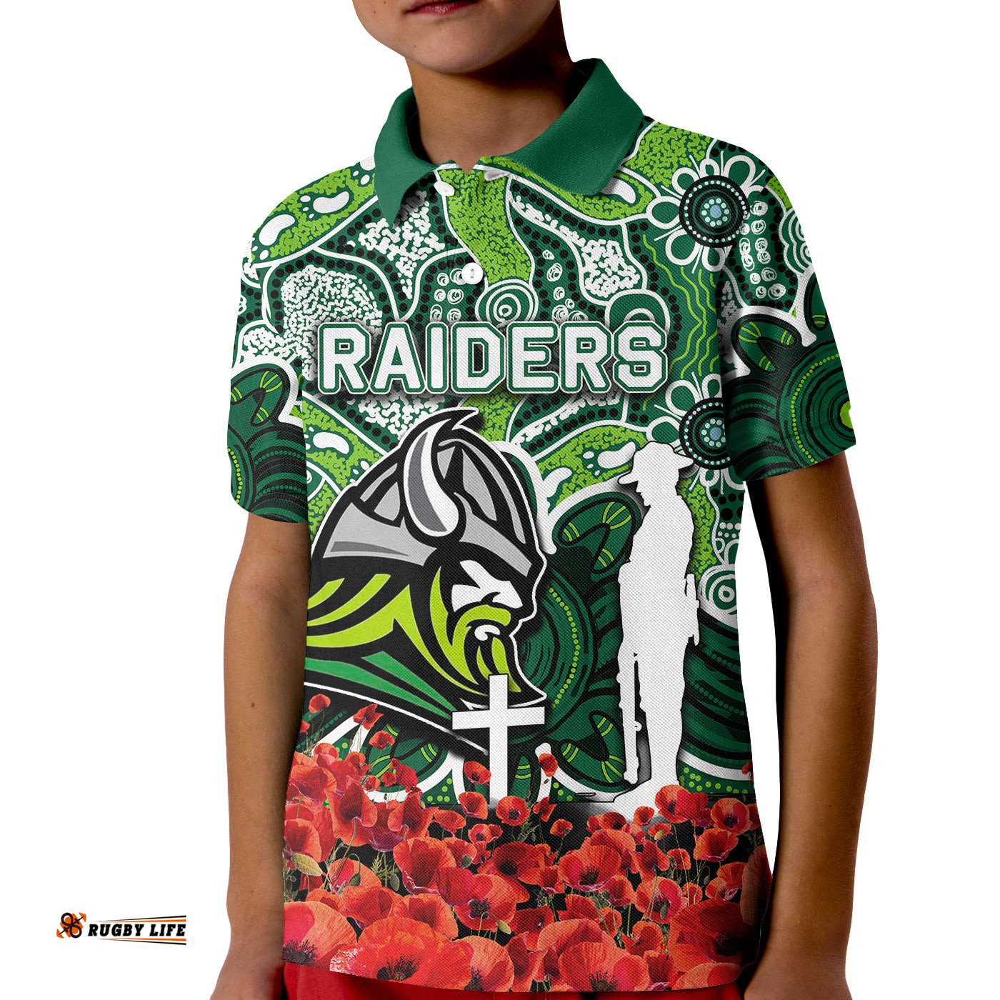 Raiders Polo Shirt KID Anzac Day Poppy Flowers With Aboriginal