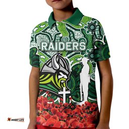 Raiders Polo Shirt KID Anzac Day Poppy Flowers With Aboriginal