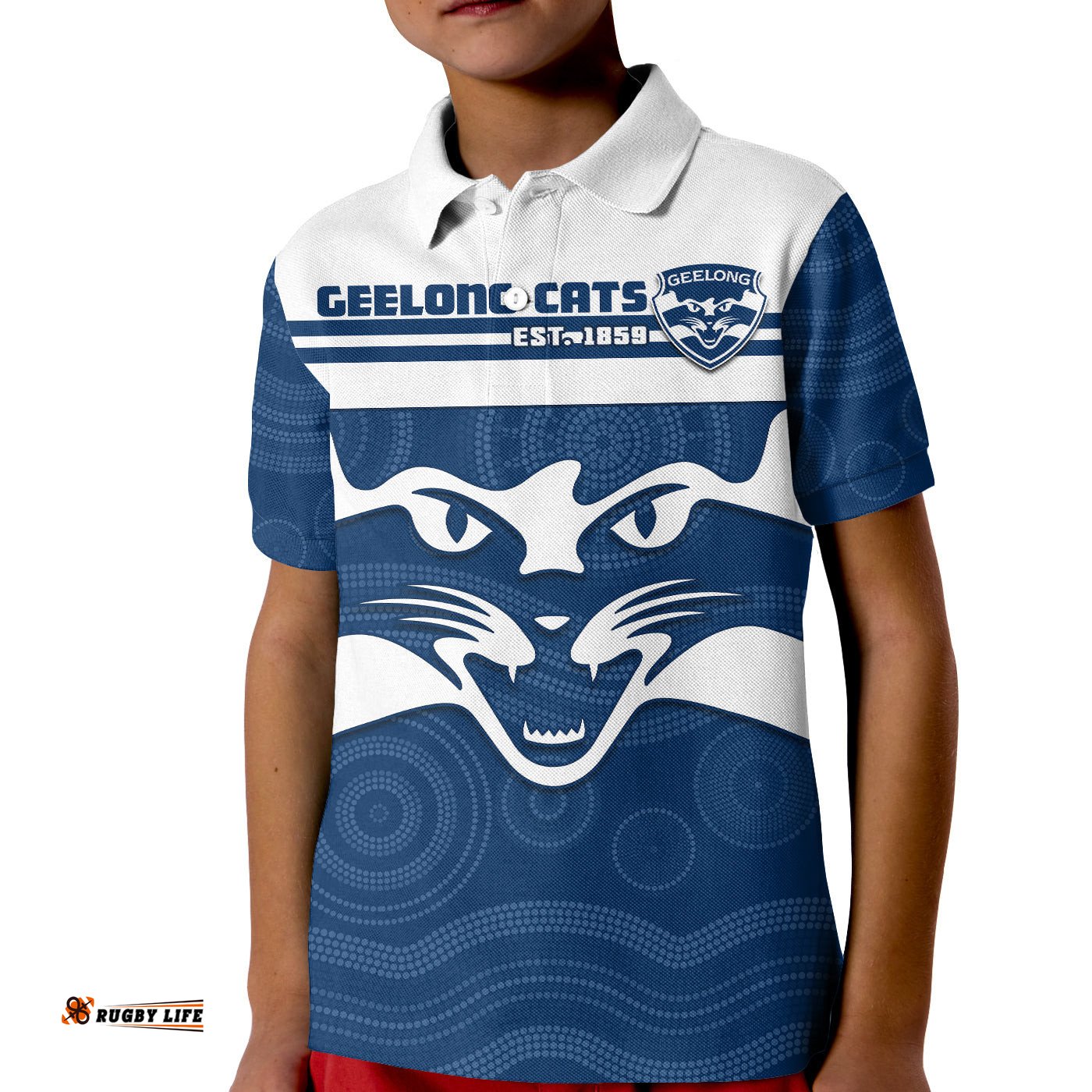 Cats Football Polo Shirt KID Geelong Est 1859 Aboriginal Art