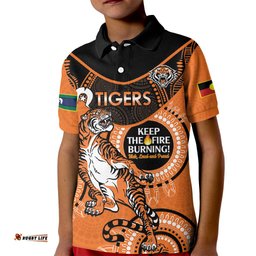 Custom NRL Tigers NAIDOC Week Kid Polo Shirt Keep The Fire Burning Indigenous Art