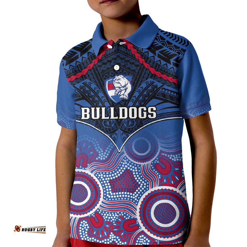 Personalised Bulldogs Football Kid Polo Shirt Doggies Aboriginal Mix Polynesian Pattern