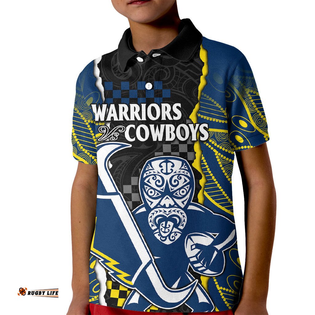 Custom Text And Number NRL Combine Warriors and Cowboys Kid Polo Shirt Maori mixed Aboriginal