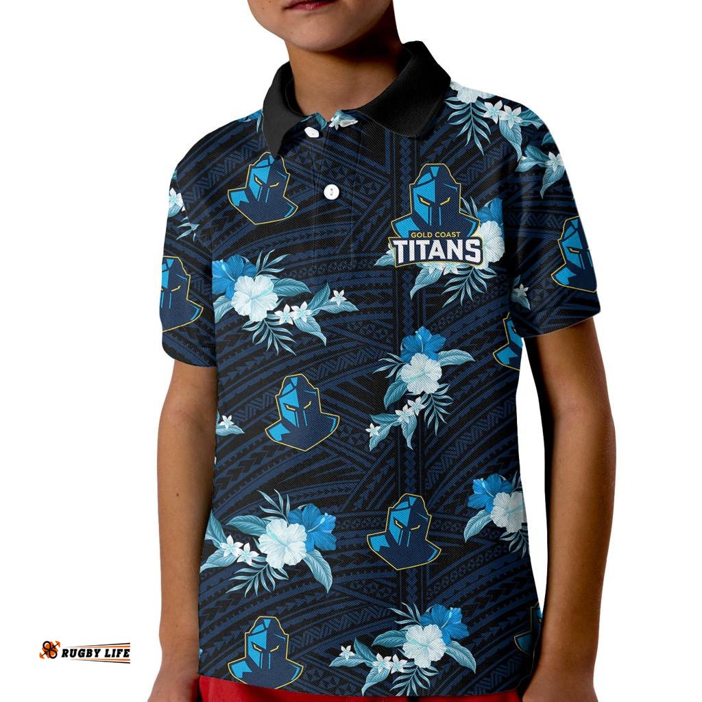 Custom Text And Number Titans Rugby Kid Polo Shirt Polynesian Tribal Mix Tropical Hawaiian Style