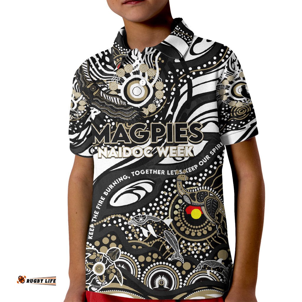 Custom NAIDOC Week 2024 Magpies Kid Polo Shirt Aboriginal Animals Keep The Fire Burning