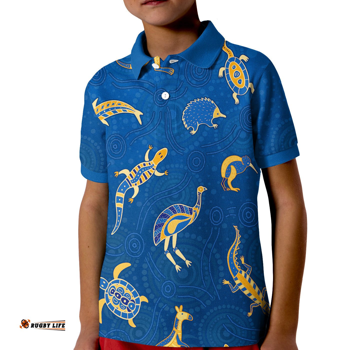 Aboriginal Art Polo Shirt KID Animals Australia Version Blue