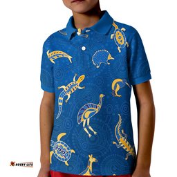 Aboriginal Art Polo Shirt KID Animals Australia Version Blue