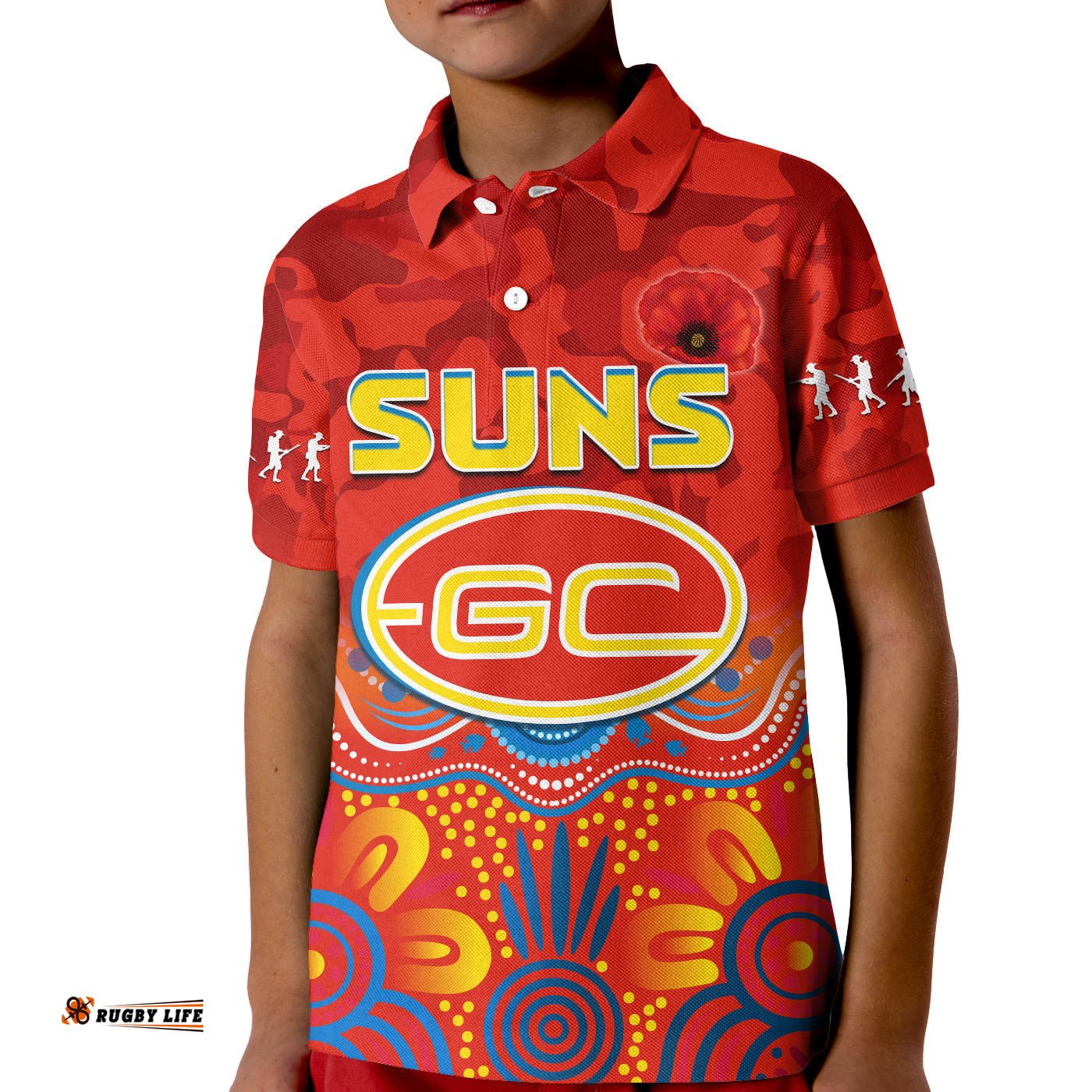 Suns AnzacPolo Shirt KID Gold Coast Aboriginal Poppy