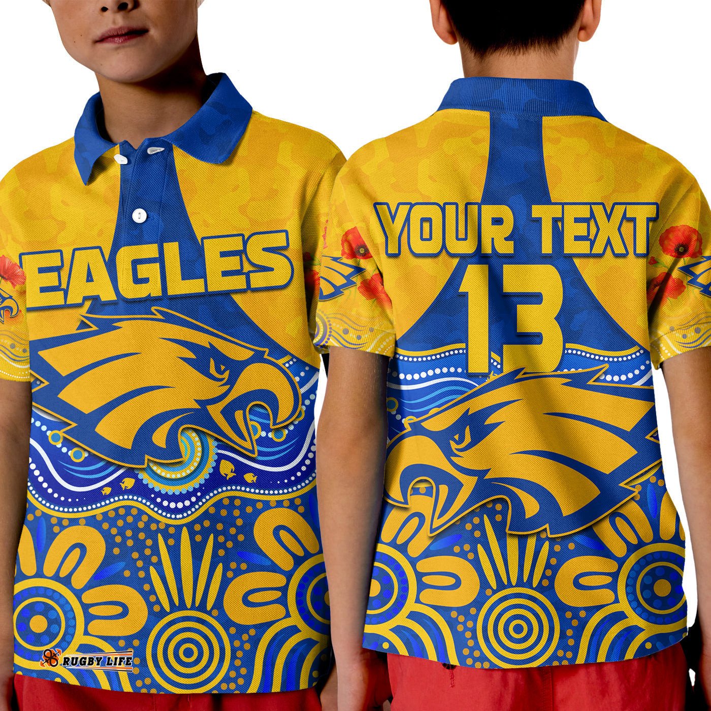 Custom Text and Number Eagles AnzacPolo Shirt KID West Coast Aboriginal Remember Them
