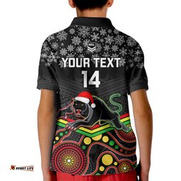 Custom Panthers Rugby Christmas Kid Polo Shirt Merry XmasMix Aboriginal Art Black Version
