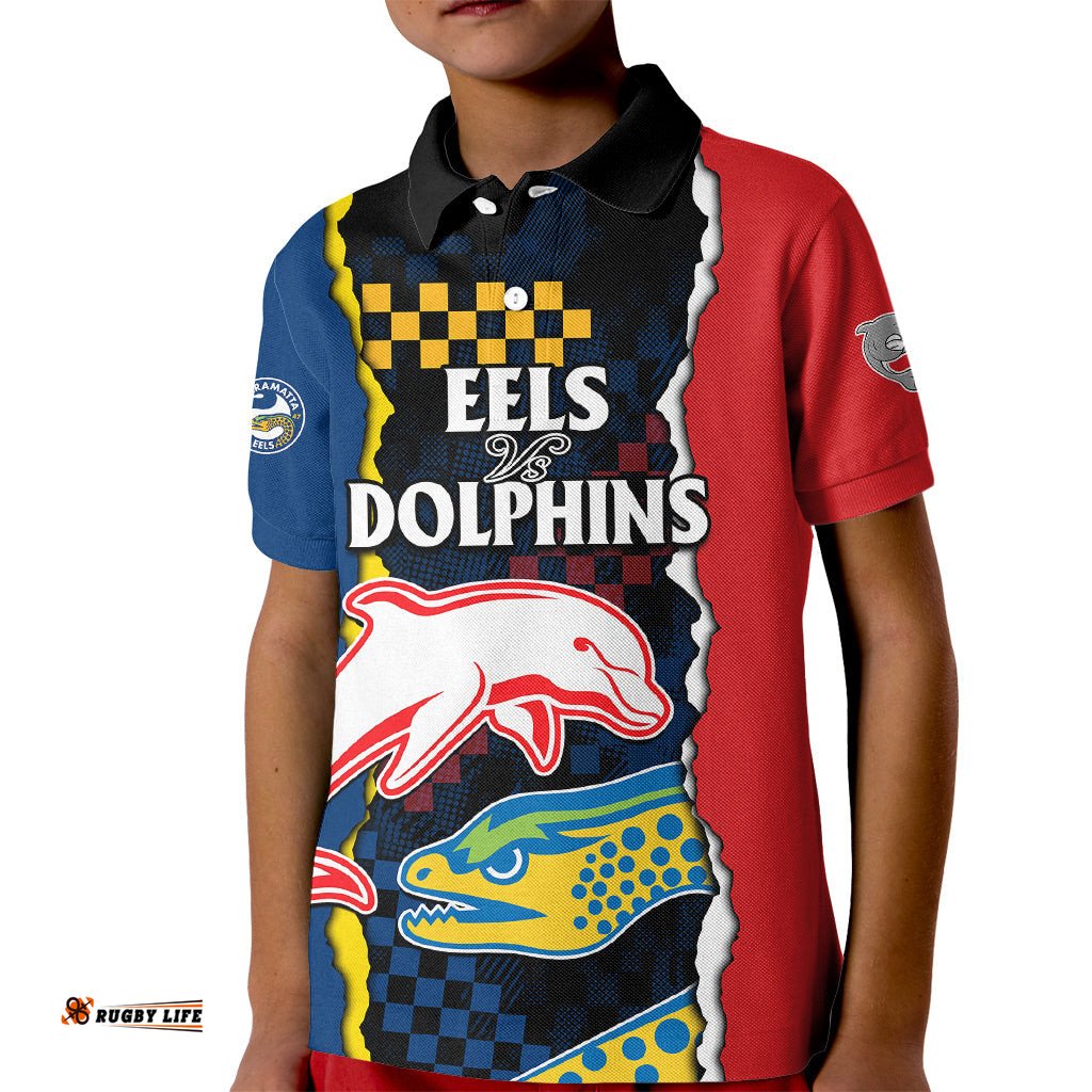 Custom Text And Number NRL Combine Dolphins and Parra Eels Kid Polo Shirt Simple Style