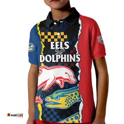 Custom Text And Number NRL Combine Dolphins and Parra Eels Kid Polo Shirt Simple Style