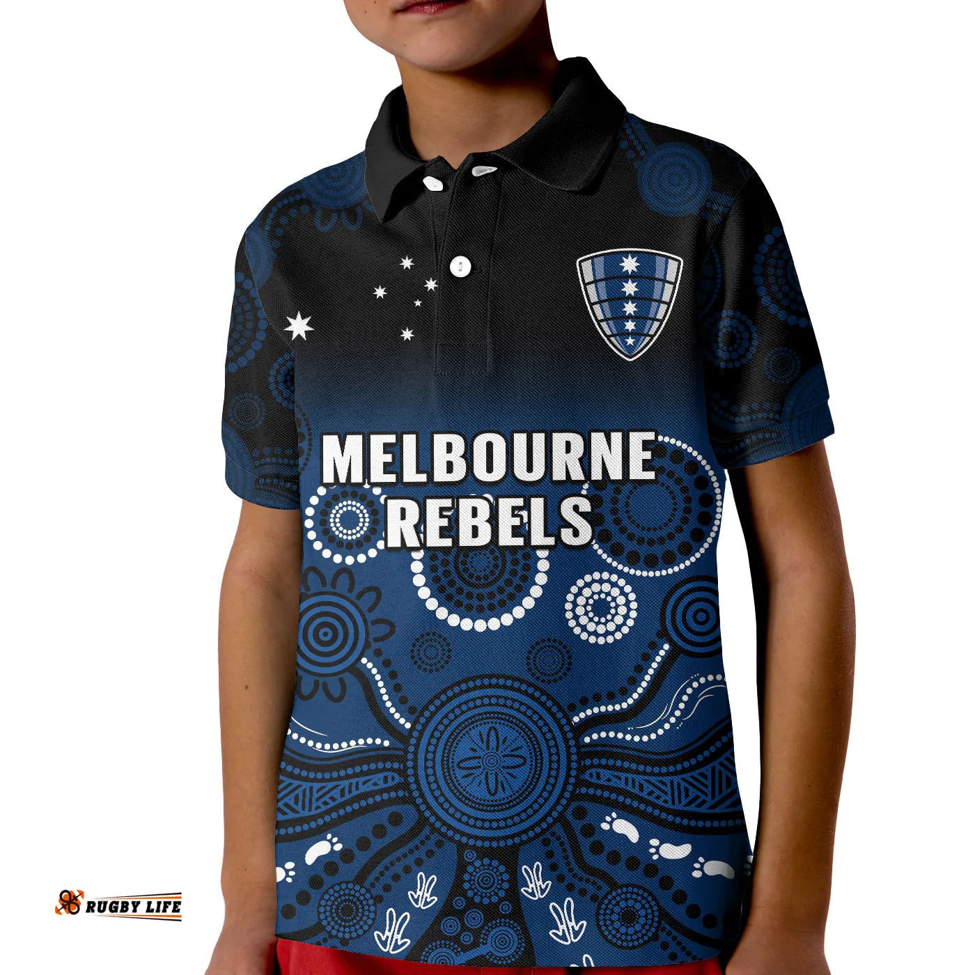 Custom Text And Number Melbourne Rebels Rugby Polo Shirt KID Gradient Aboriginal