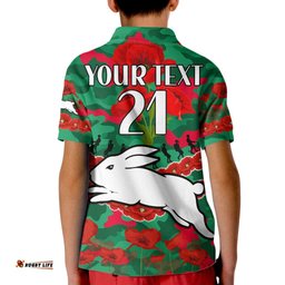 Custom Text And Number Rabbitohs Rugby ANZAC Kid Polo Shirt Lest We Forget