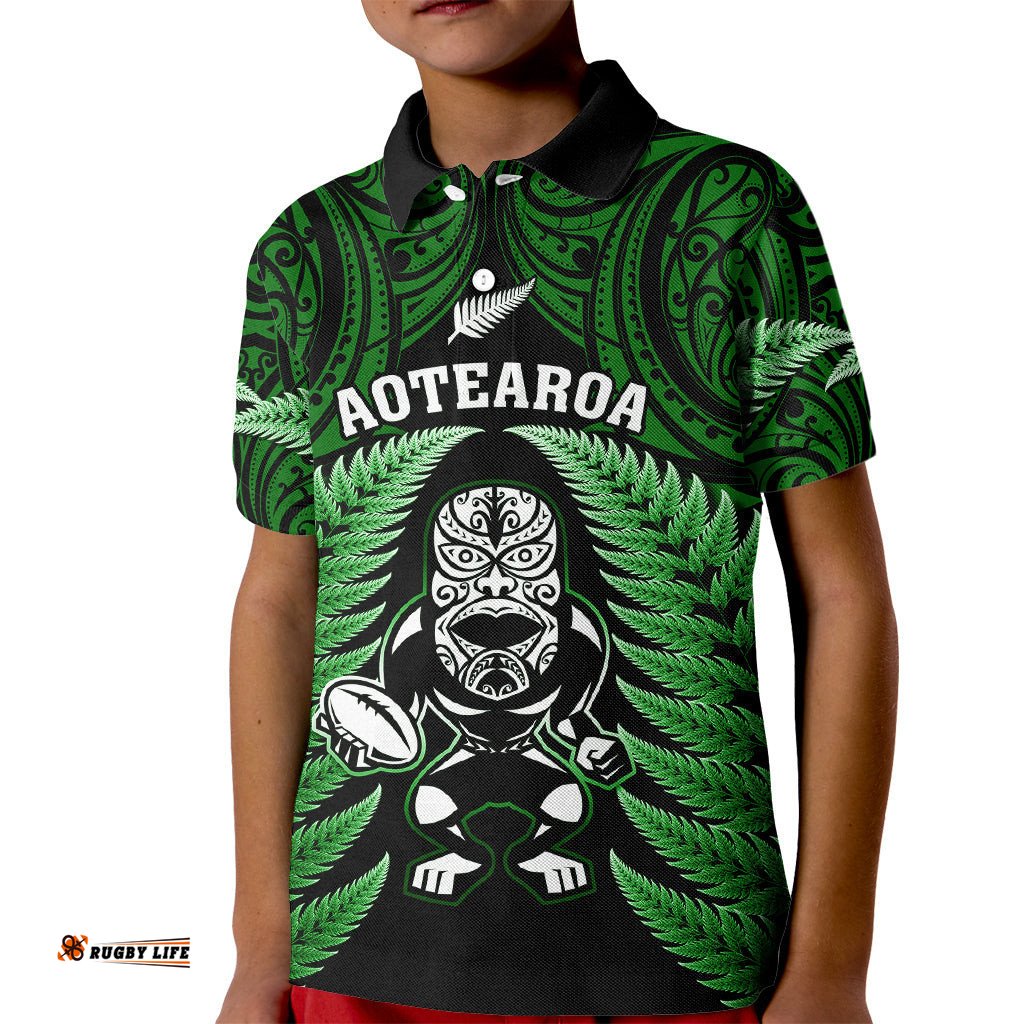 New Zealand Aotearoa Rugby Kid Polo Shirt NZ Tiki With Maori Fern World Cup Green Version