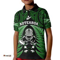 New Zealand Aotearoa Rugby Kid Polo Shirt NZ Tiki With Maori Fern World Cup Green Version