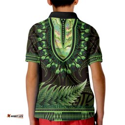 Lime Green African Dashiki With Aotearoa Maori Kid Polo Shirt Paua Shell Mix Silver Fern
