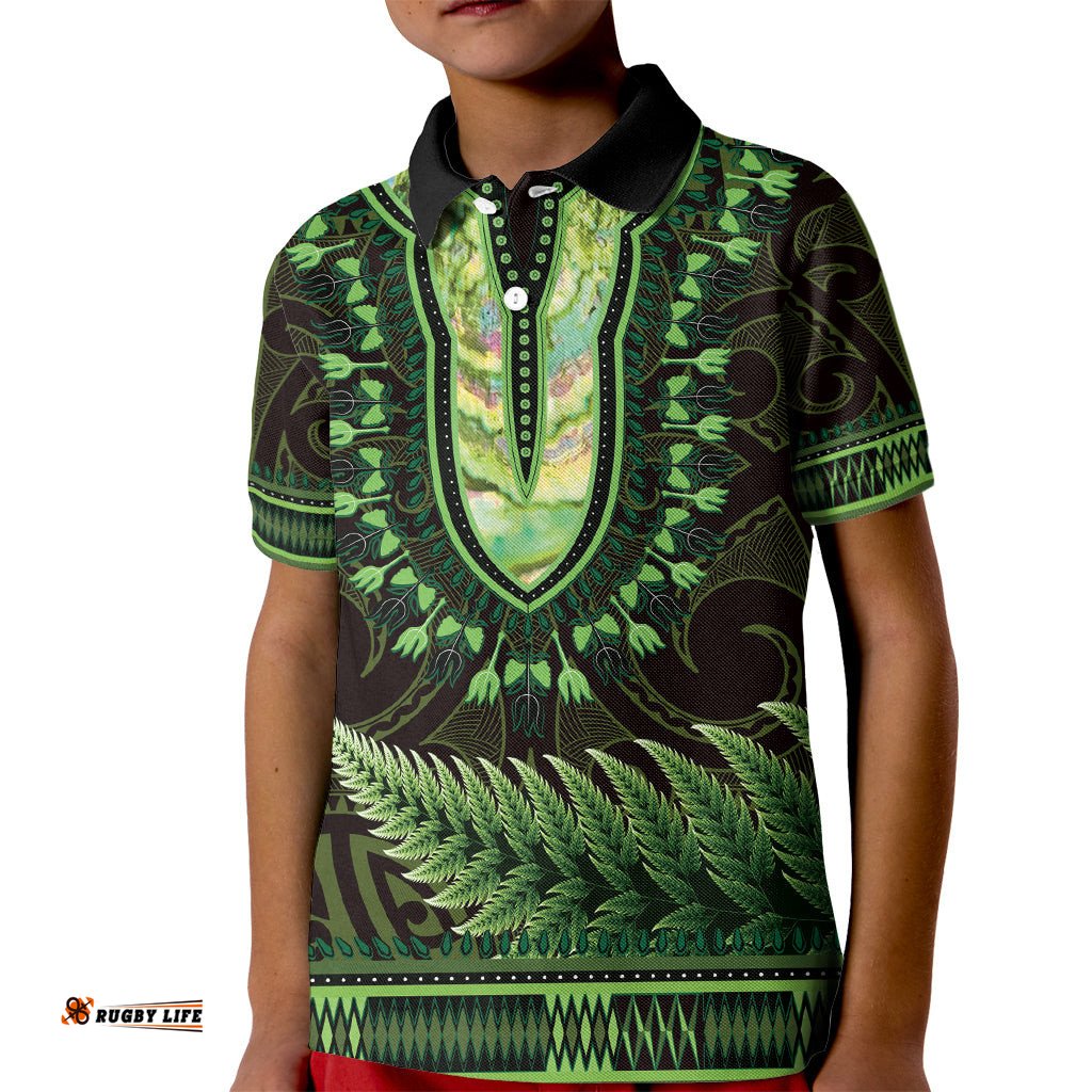 Lime Green African Dashiki With Aotearoa Maori Kid Polo Shirt Paua Shell Mix Silver Fern
