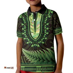Lime Green African Dashiki With Aotearoa Maori Kid Polo Shirt Paua Shell Mix Silver Fern