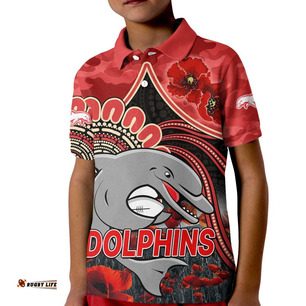 Custom Personalised NRL ANZAC Redcliffe Dolphins Poppy Flowers Kid Polo Shirt