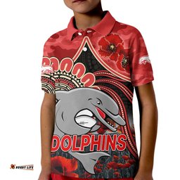 Custom Personalised NRL ANZAC Redcliffe Dolphins Poppy Flowers Kid Polo Shirt