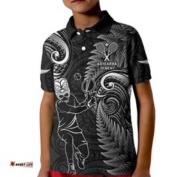 Custom New Zealand Tiki Tennis Kid Polo Shirt 2024 Aotearoa Tenehi Maori Silver Fern - Black
