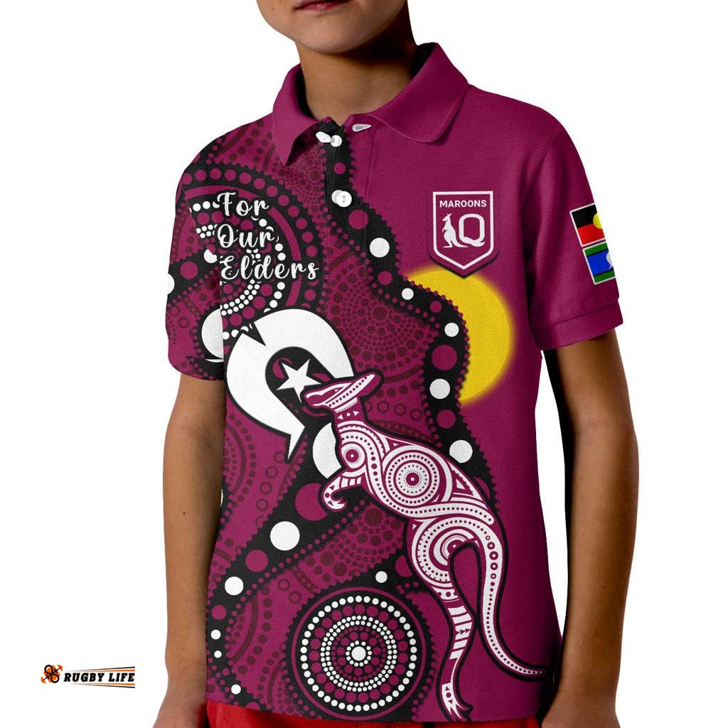 Custom Text And Number Maroons Rugby NAIDOCPolo Shirt KID QLD For Our Elders Indigenous Art