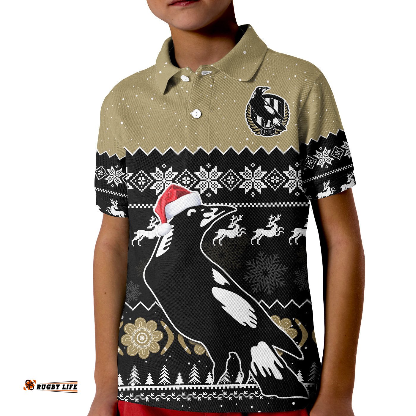 Custom Personalised Collingwood Football Polo Shirt KID Magpies Indigenous Merry Christmas