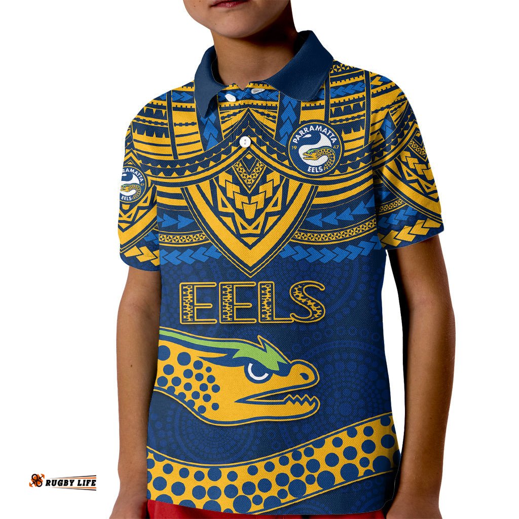Custom Eels Rugby Kid Polo Shirt Polynesian and Aboriginal Vibe