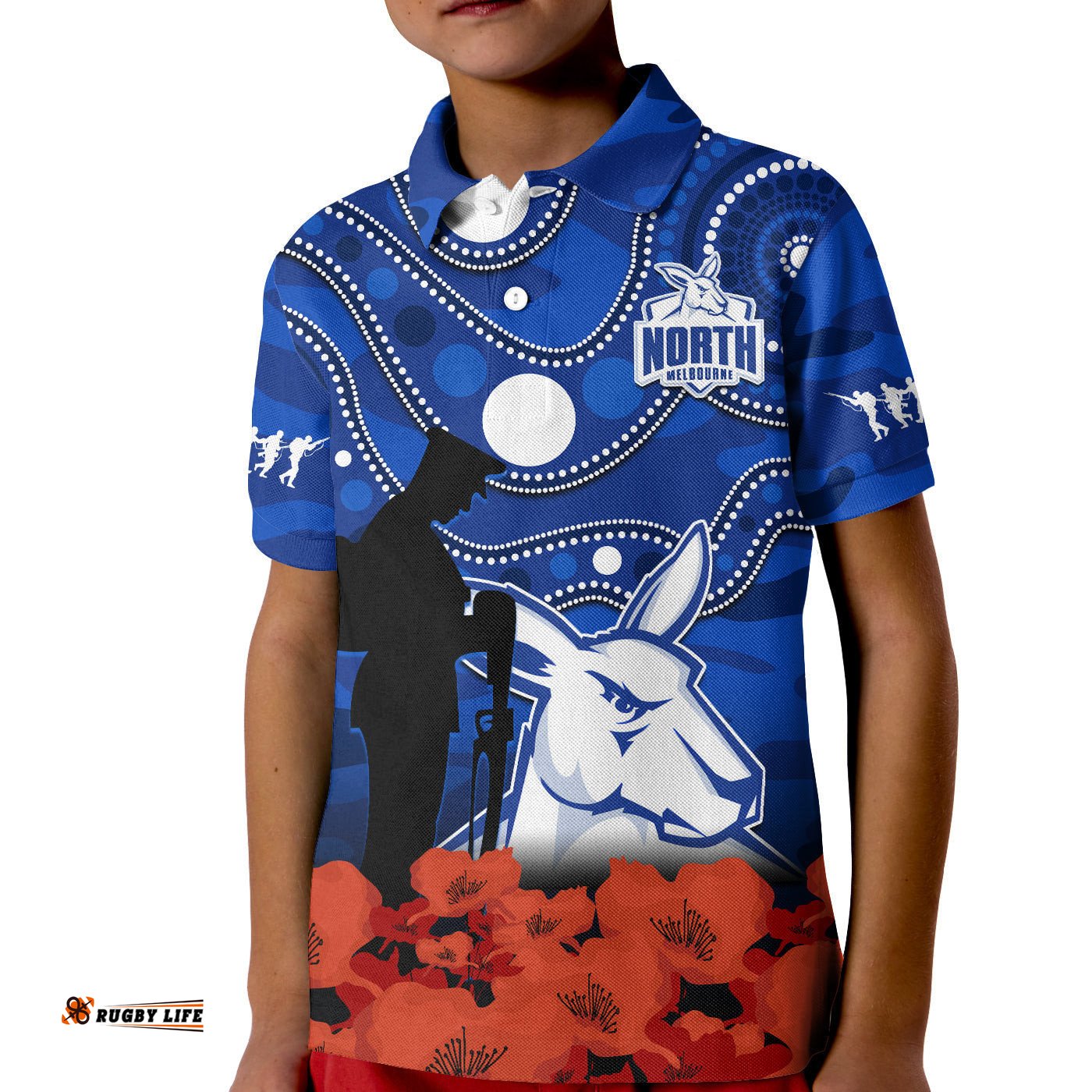 Custom Text And Number North Melbourne Football ANZACPolo Shirt KID Kangaroos Aboriginal Mix Poppy Camouflage