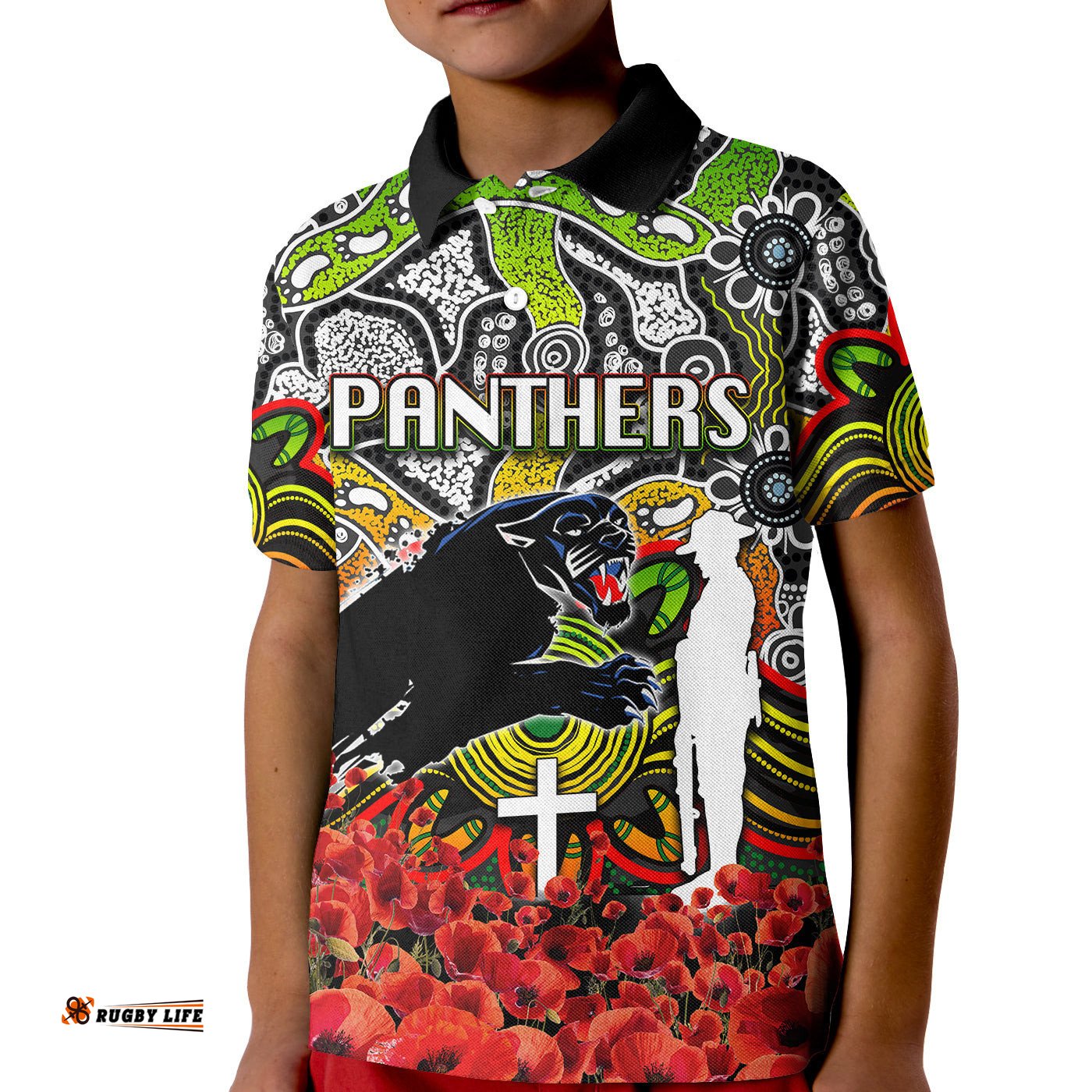 Panthers Polo Shirt KID Anzac Day Poppy Flowers With Aboriginal