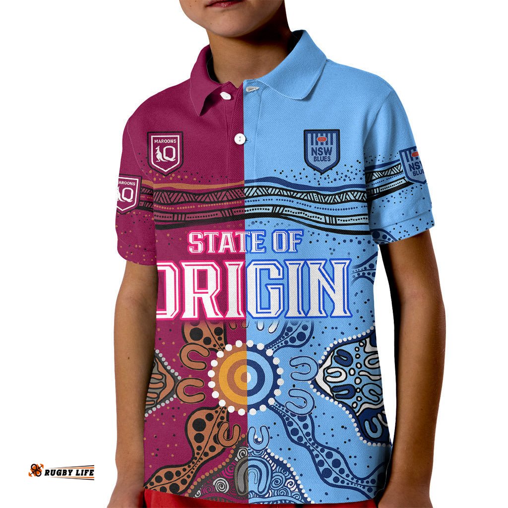 Custom Text And Number Blues and Maroons Rugby Kid Polo Shirt State of Origin NSW Combine Queensland Aboriginal-