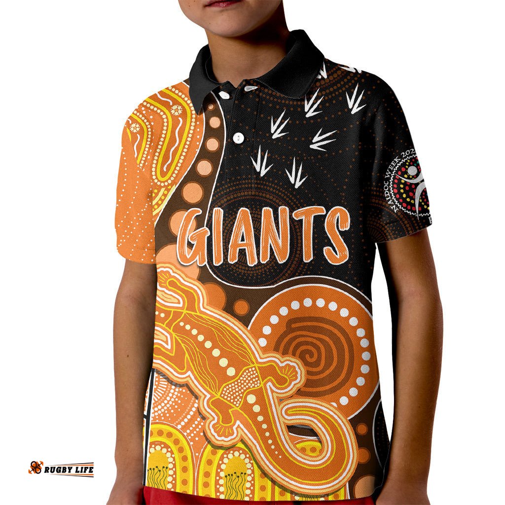 Personalised NAIDOC WeekAFL Giants Kid Polo Shirt Aboriginal Dot Art Lizard Mix Boomerang