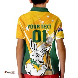 Custom Australia Soccer Kid Polo Shirt Matildas Kangaroo With World Cup TrophyYellow Version