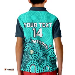 Personalised Australia Soccer Kid Polo Shirt Aboriginal TurquoiseWorld Cup With Kangaroo