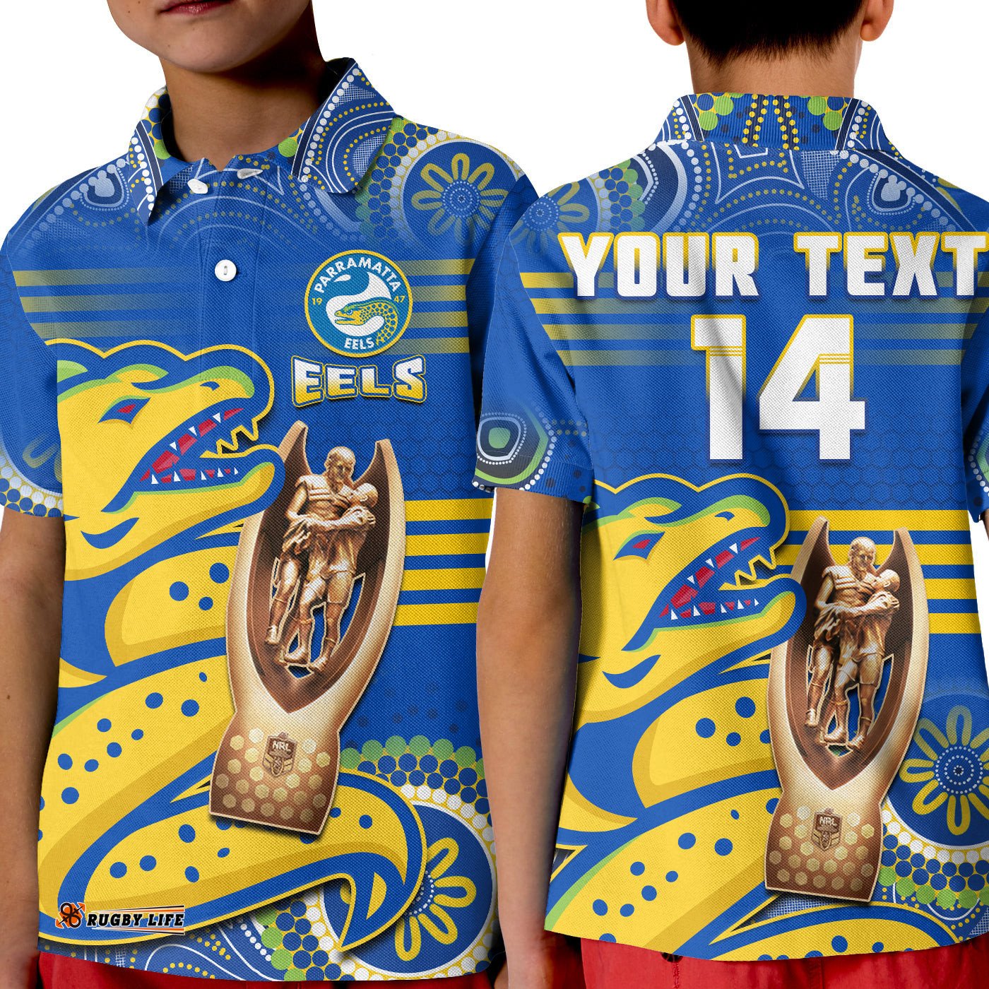 Custom Text And Number Parramatta Rugby Polo Shirt KID Eels PremiersIndigenous Artsy