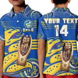 Custom Text And Number Parramatta Rugby Polo Shirt KID Eels PremiersIndigenous Artsy