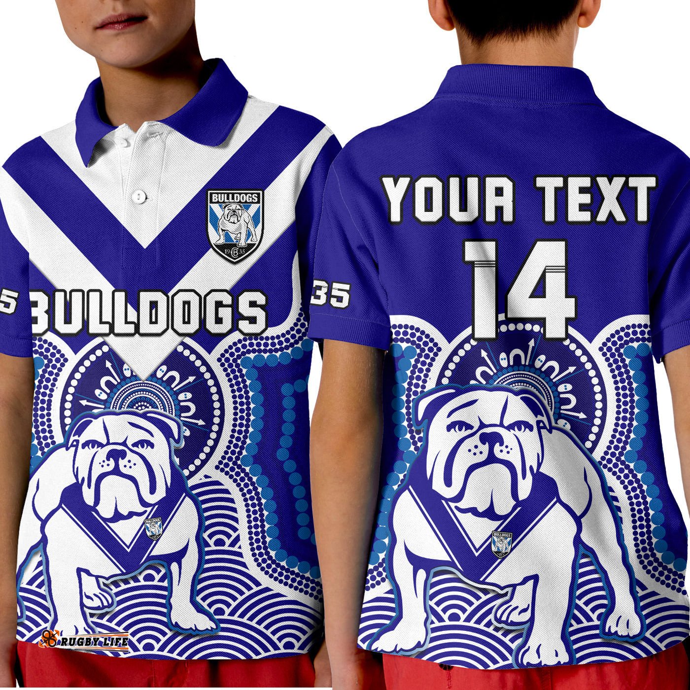 Custom Text And Number Bulldogs Rugby Polo Shirt KID Canterbury Bankstown 1935 Indigenous Artsy