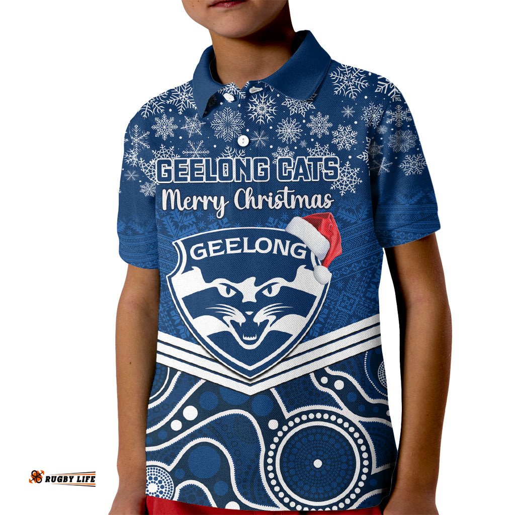 Custom Geelong Football Christmas Kid Polo Shirt Merry XmasMix Aboriginal Art