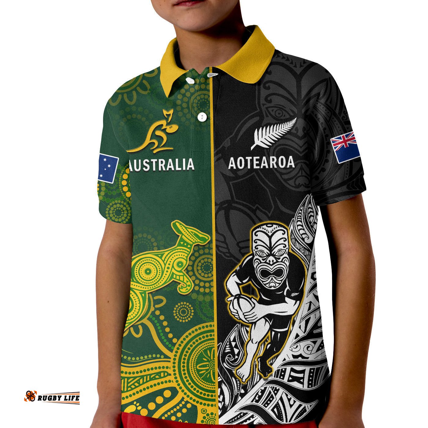 Australia Rugby Mix Aotearoa Rugby Polo Shirt KID Wallabies All Black Special Version