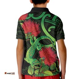 New Zealand Gecko Kid Polo Shirt Aotearoa Maori With Pohutukawa Flowers