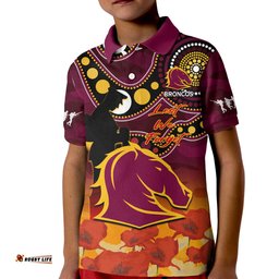 Custom Text And Number Brisbane Broncos Rugby ANZACPolo Shirt KID Aboriginal Mix Poppy Lest We Forget