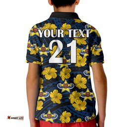Custom Text And Number Cowboys Rugby Kid Polo Shirt Polynesian Style With Hibiscus