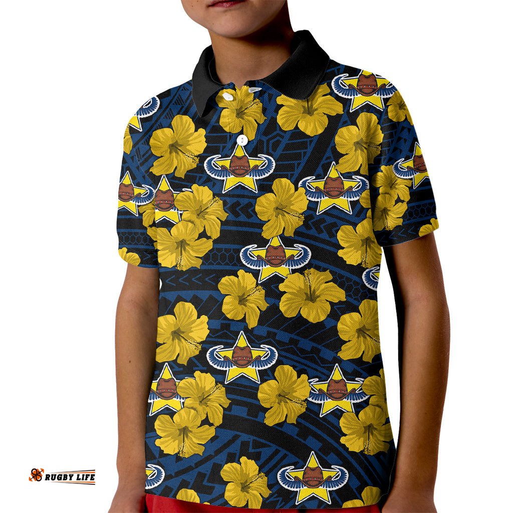 Custom Text And Number Cowboys Rugby Kid Polo Shirt Polynesian Style With Hibiscus